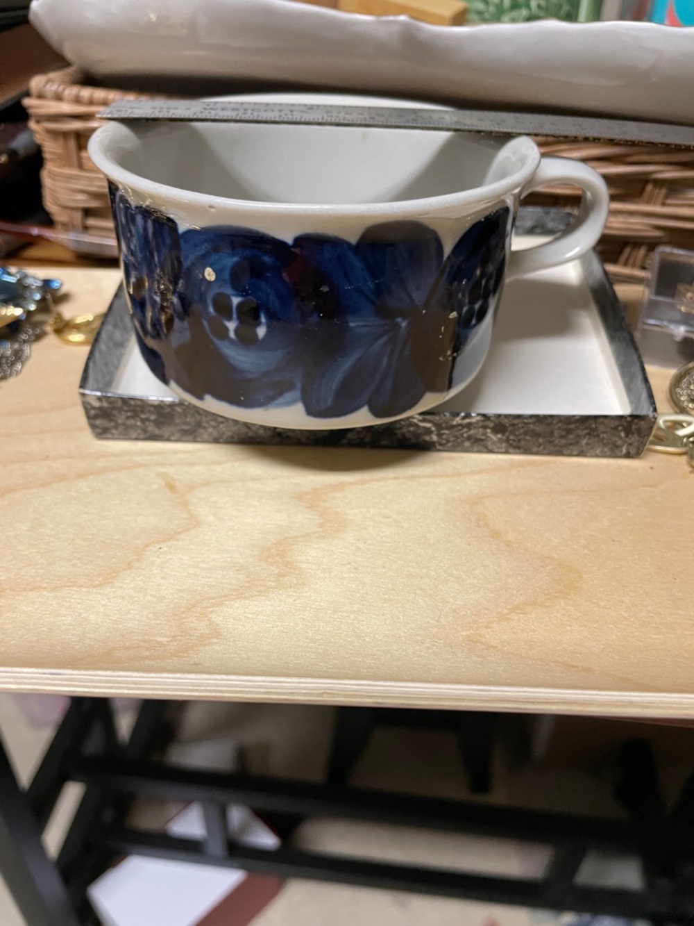 Blue Floral Ceramic Teacup with Handle